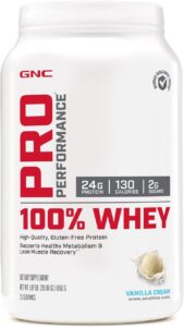 GNC Pro Performance 100% Whey** contains pure whey protein that supports muscle building and recovery. Whey protein is highly regarded for its high bioavailability, meaning the body absorbs it effectively