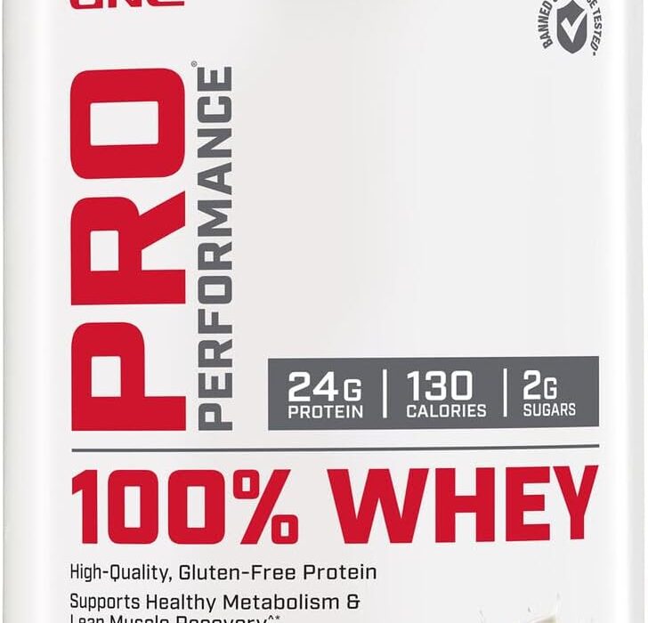 GNC Pro Performance 100% Whey** contains pure whey protein that supports muscle building and recovery. Whey protein is highly regarded for its high bioavailability, meaning the body absorbs it effectively